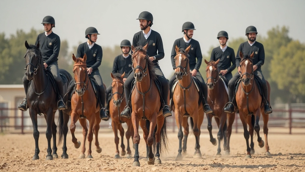 مجموعة من الفرسان المتدربين يقودون خيولهم في ساحة تدريب حديثة مع مدرب متخصص