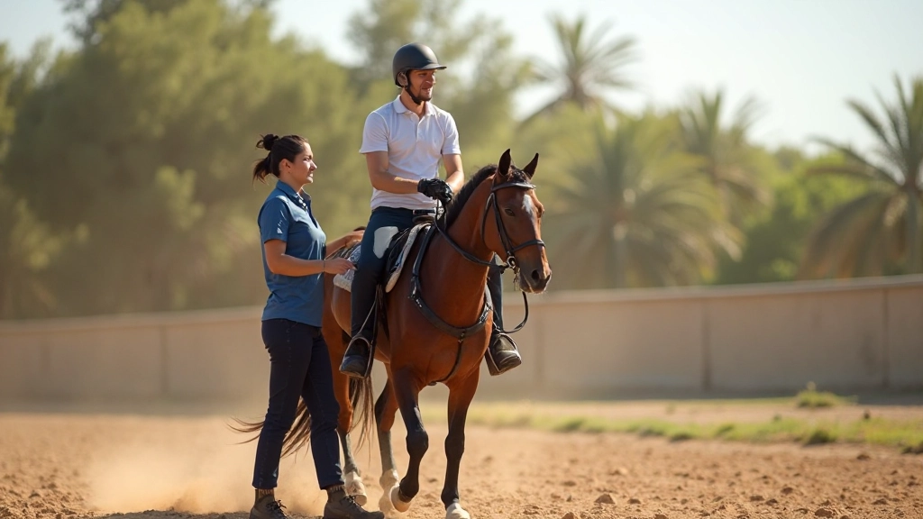 صورة احترافية لفارس يتدرب على حصان في ساحة التدريب المفتوحة