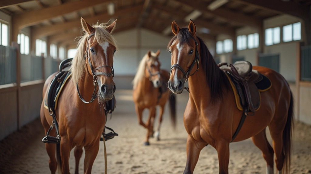 مجموعة من الخيول البنية والسوداء في حظيرة حديثة مع معدات تدريب احترافية