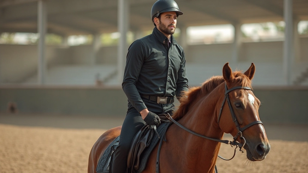 فارس يدرب حصانه على حركات متقدمة في بيئة احترافية