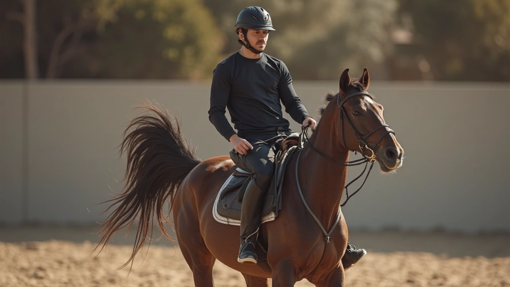فارس يمارس تمارين التوازن المتقدمة على الحصان في بيئة تدريب احترافية